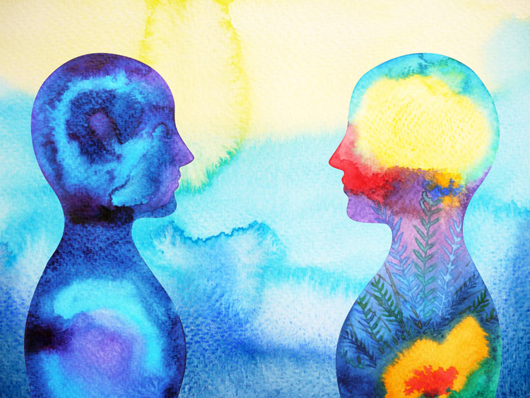 Water color art with a side profile of a person in darker purple colors on the left, a person  side profiled with brighter colors on the right